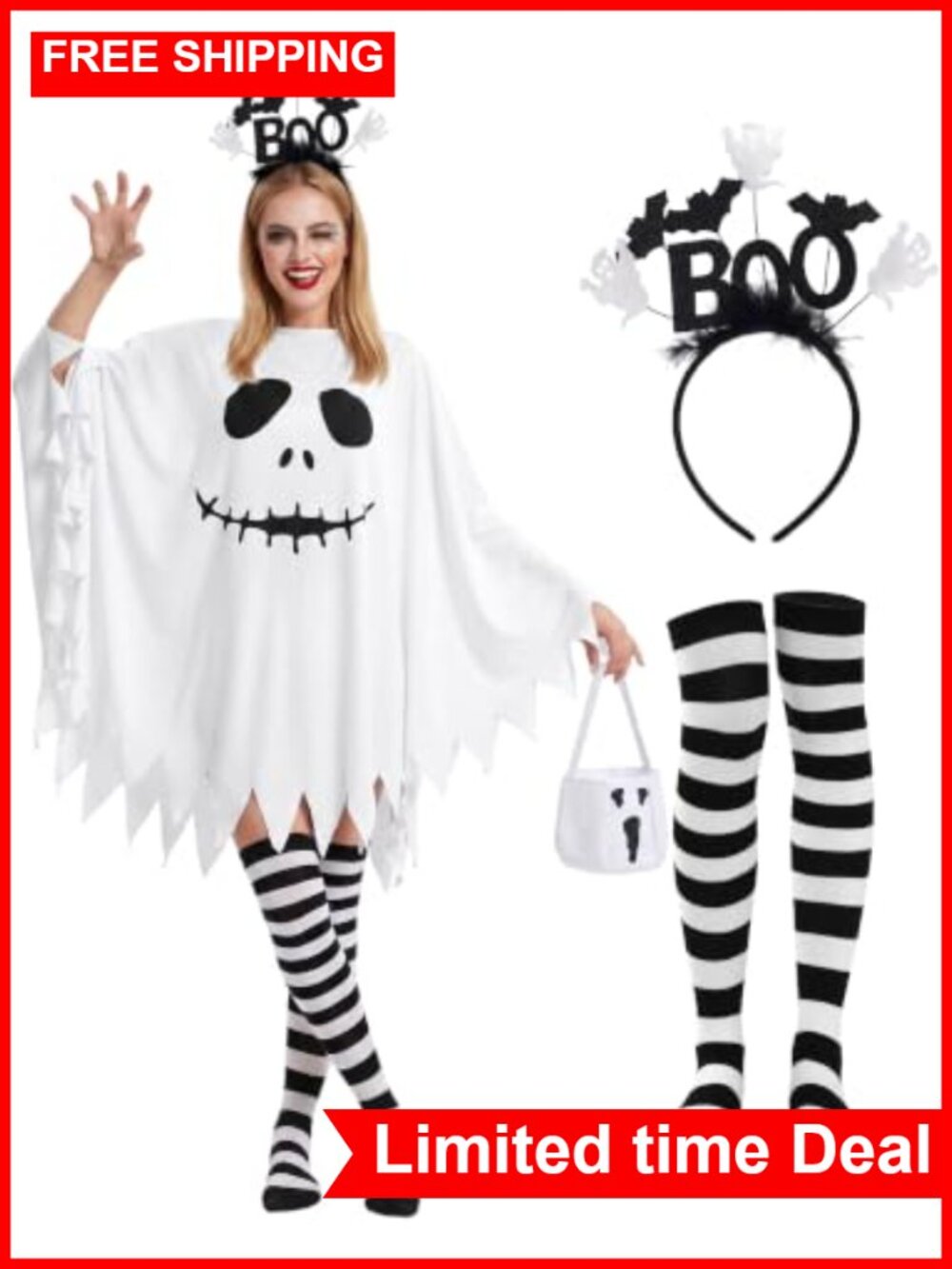 Women's Ghost Costume Set Poncho Stockings Headband Candy Bag